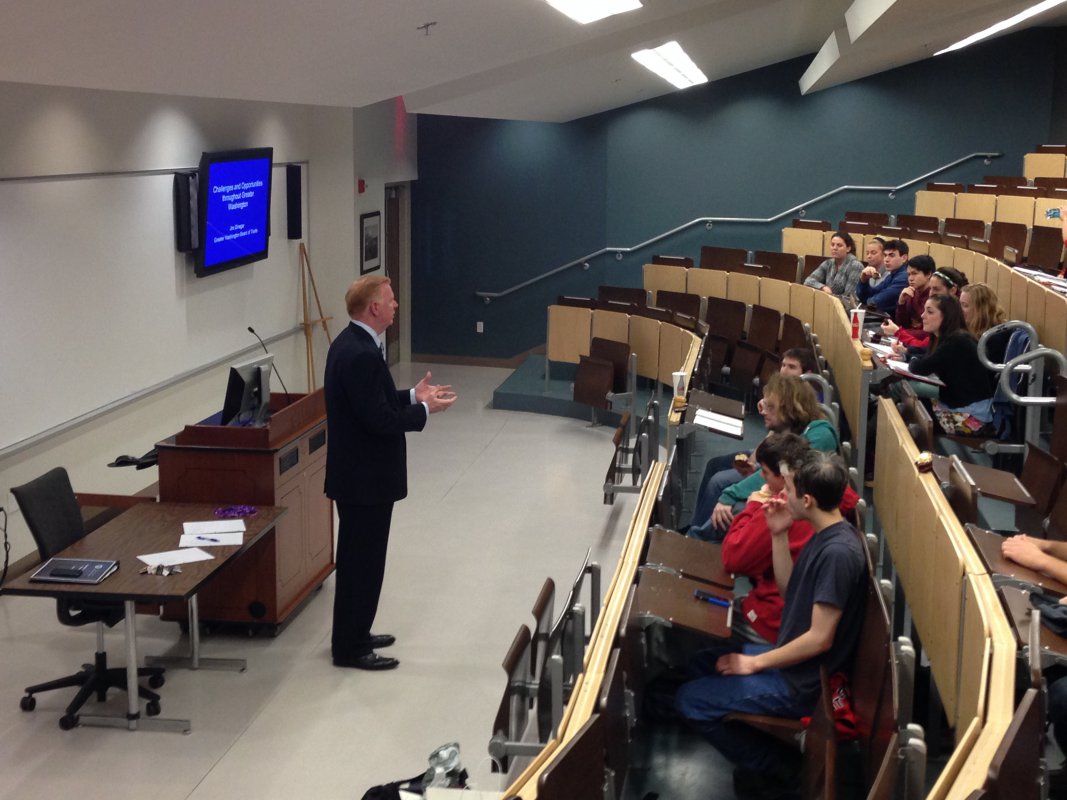 Jim Dinegar, a CUA alum and president of the Greater Washington Board of Trade, speaks to students about the opportunities for socioeconomic growth in the Washington, D.C. area.